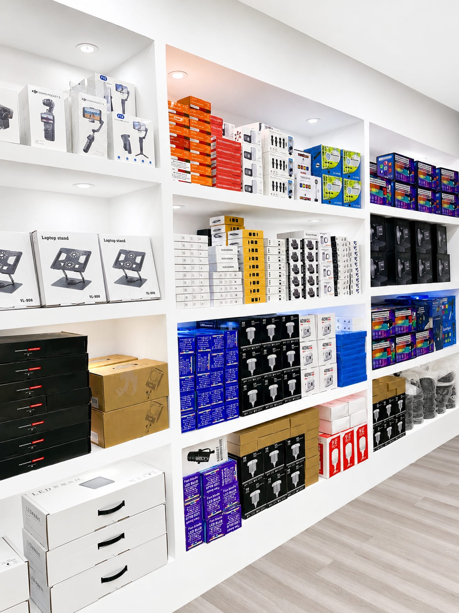 Shelves of ring lights, microphones, gimbals and LED lights at The Delovette Stores in Metta Mall, Kubwa